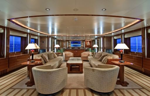 elegantly styled main salon aboard motor yacht O’NEIRO