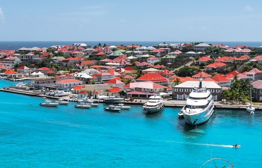 Gustavia Harbor in St Barts with some motor yacht charters berthed