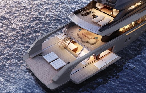 Aerial rendering looking down on the aft decks and beach club onboard charter yacht Almost There