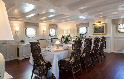 dining salon with portholes aboard luxury yacht Haida 1929