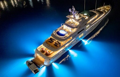 aft deck areas on board motor yacht SECRET lit up at night