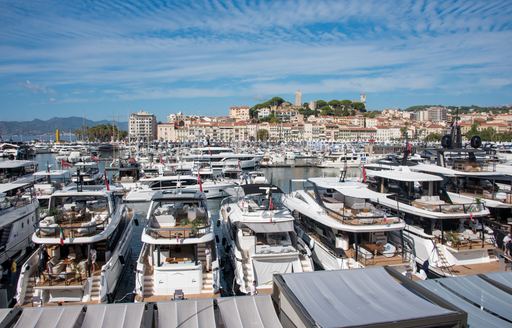 Elevated view of Vieux Port Cannes and motor yacht charters berthed