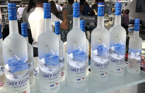 10 bottles of Grey Goose vodka on display on a luxury yacht at the Monaco Grand Prix