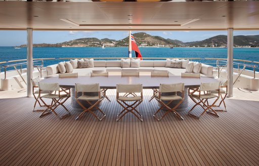 shaded alfresco dining area on the upper deck aft aboard motor yacht GRACE 