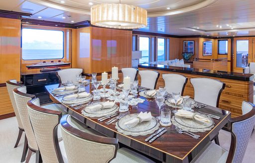 Interior dining area onboard yacht rental NITA K II