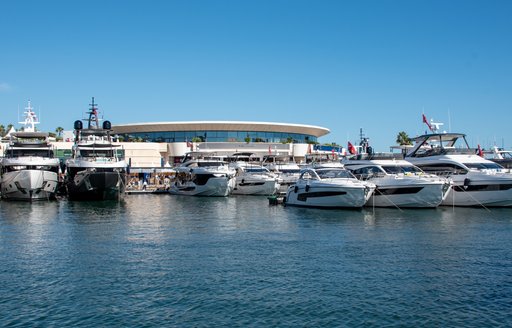 Cannes Yachting Festival display of berthed motor yachts