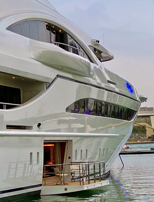 the side platform of superyacht bella vita as she is showcased in the 2020 miami yacht show