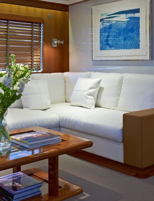 comfortable sofa in the main salon of superyacht ‘Heavenly Daze’ 