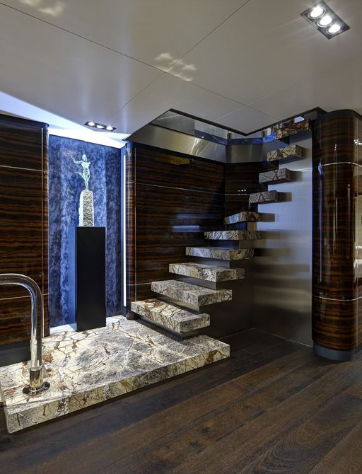 Beautiful floating marble staircase on M/Y HIGHLANDER