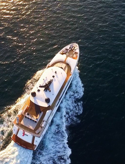 overhead view of superyacht SAHANA cruising on charter in Sydney