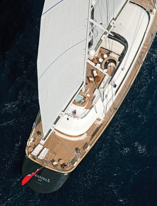 Aerial image of Below Deck sailing yacht, Parsifal II, with hot tub visible on sundeck