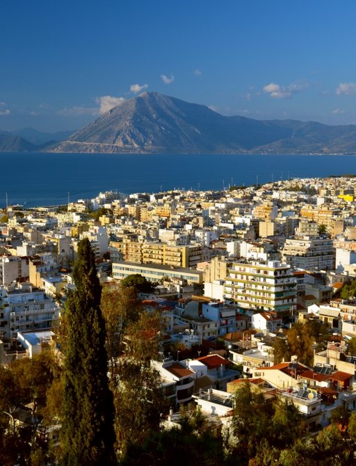 View of Greek town and mountains