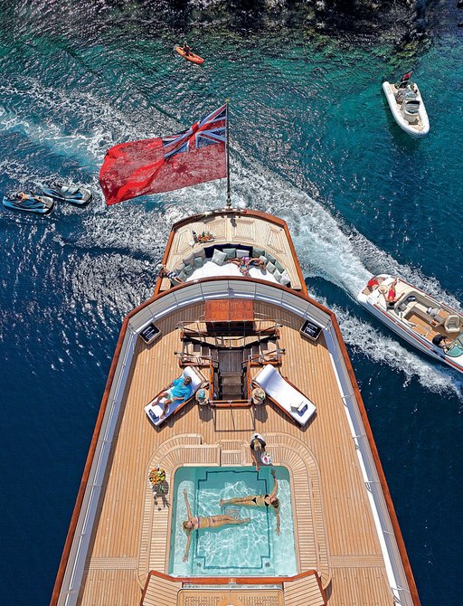 aerial view of sundeck on board classic yacht TALITHA with guests in spa pool and on sun loungers