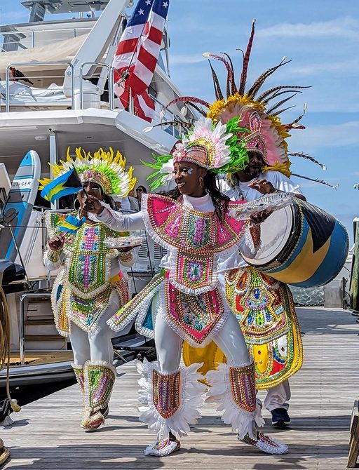 Dancers in action on the pontoons at the Newport Charter Yacht Show