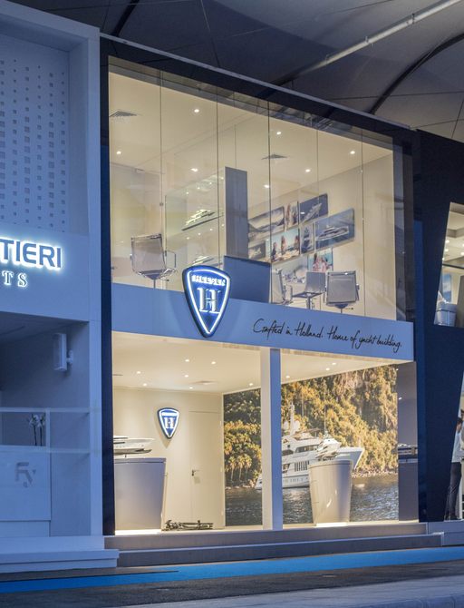 Heesen stand lit up at Monaco Yacht Show 2018