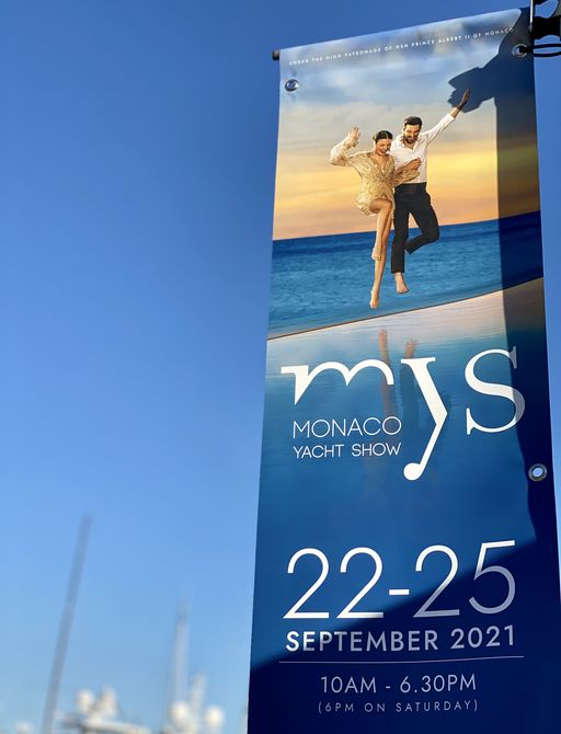 A sign on a post at the Monaco Yacht Show 2021