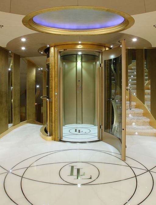 gold-plated elevator on charter yacht ‘Lady Luck’ 