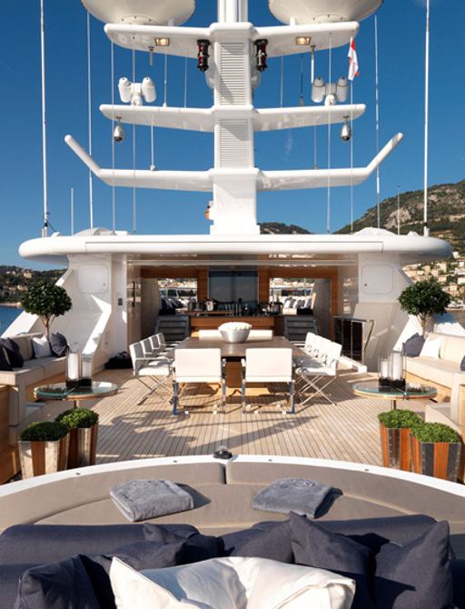 sundeck view forward with marble dining table on board charter yacht SEALYON 