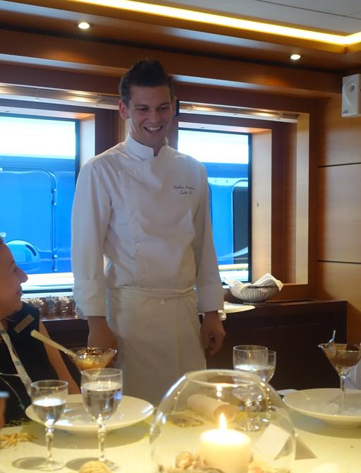 Chef STELIOS ARAKAS greets guests onboard motor yacht 'Zaliv III'
