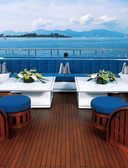 luxury motor yacht LADY LOLA aft deck al fresco dining table