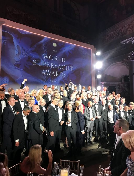 winners of the World Superyacht Awards 2018 gather on stage for a group photo