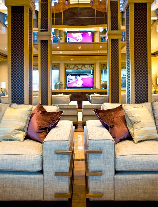 Two lounge areas in main salon aboard motor yacht ‘Indian Empress’ 