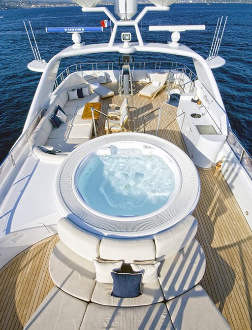 overhead view of sundeck with Jacuzzi, bar and seating on board superyacht KIJO