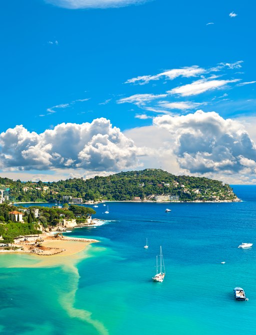 View of luxury resort and bay of Cote d'Azur. Villefranche by Nice, french riviera. 