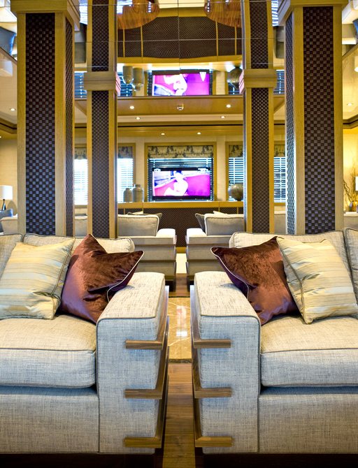 Two lounge areas in main salon aboard motor yacht ‘Indian Empress’ 
