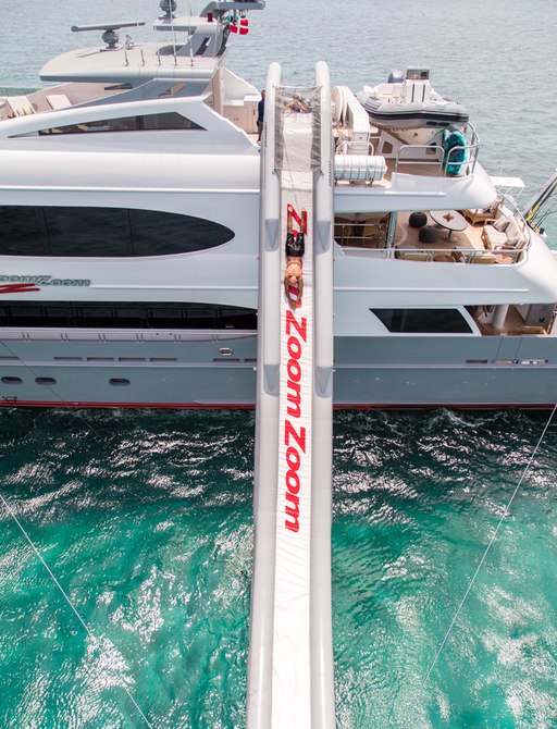 The inflatable slide attached to the upper deck of superyacht 'Zoom Zoom Zoom'