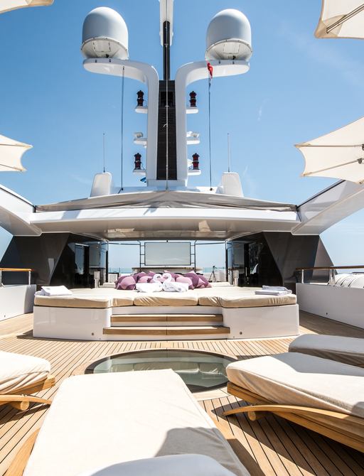 Benetti 60m super yacht St David's sky deck with white parasols, pink cushions and pine accents