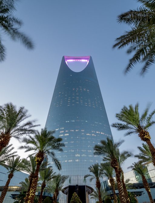 Tall skyscraper looms up in Saudi Arabia, with Palm trees