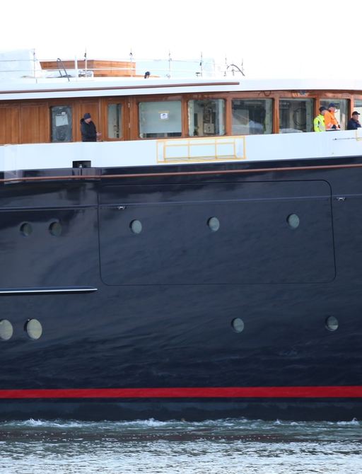Close up of sailing yacht Koru shows tender garage forward