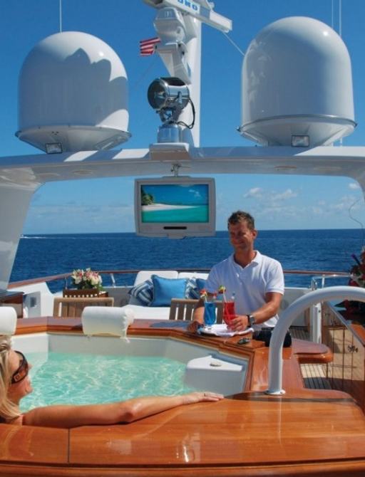 luxury motor yacht LADY J deck Jacuzzi with entertainment system