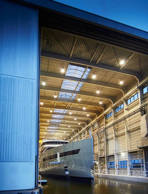 Superyacht Feadship launching from her shed at Feadship on Sunday
