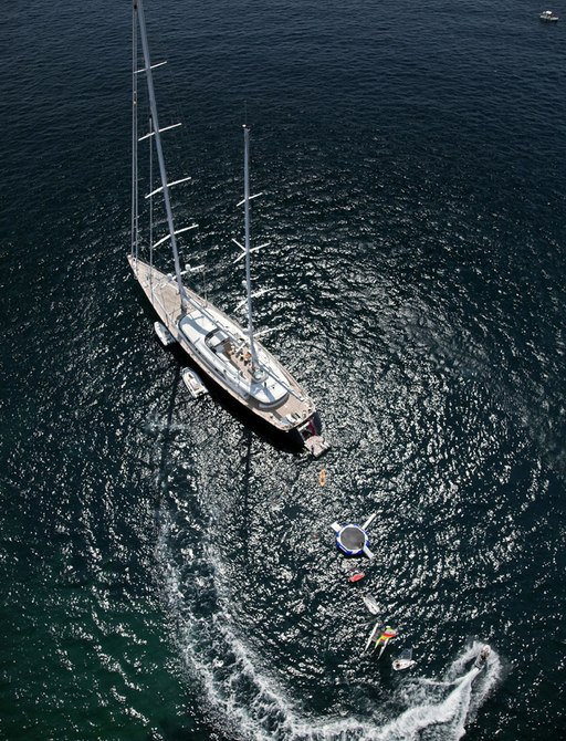 An aerial image of Parsifal III with her tenders and toys