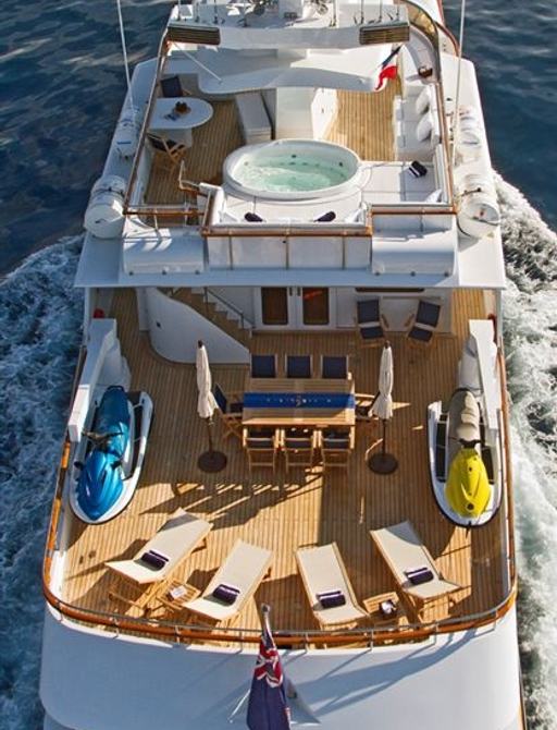 luxury motor yacht L'ALBATROS main deck and sundeck featuring a jacuzzi and sunloungers