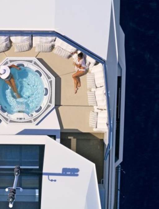 overhead shot of sun deck Jacuzzi on board superyacht ‘Big Fish’ 