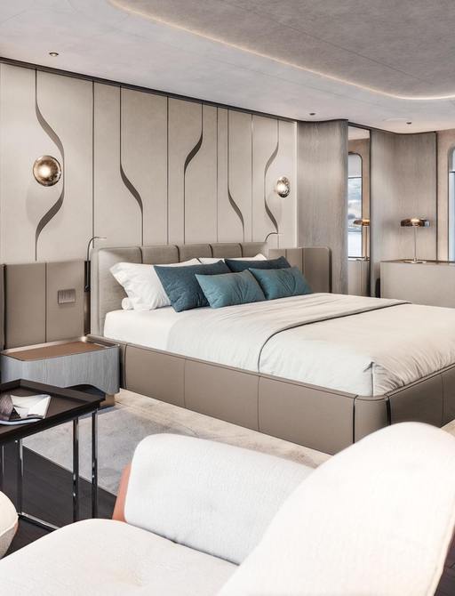 Charter yacht FOUR JOYS master cabin rendering with central berth