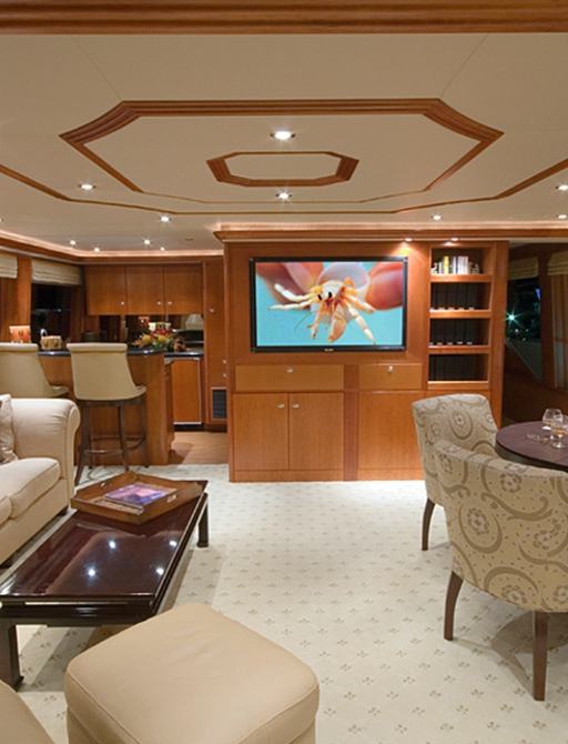 luxury motor yacht ARIOSO's main salon with state-of-the-art audio-visual system