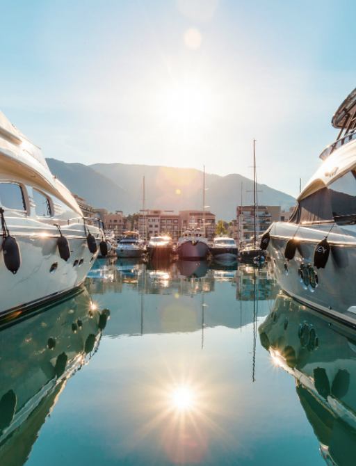 view between two superyachts at Porto Montenegro 