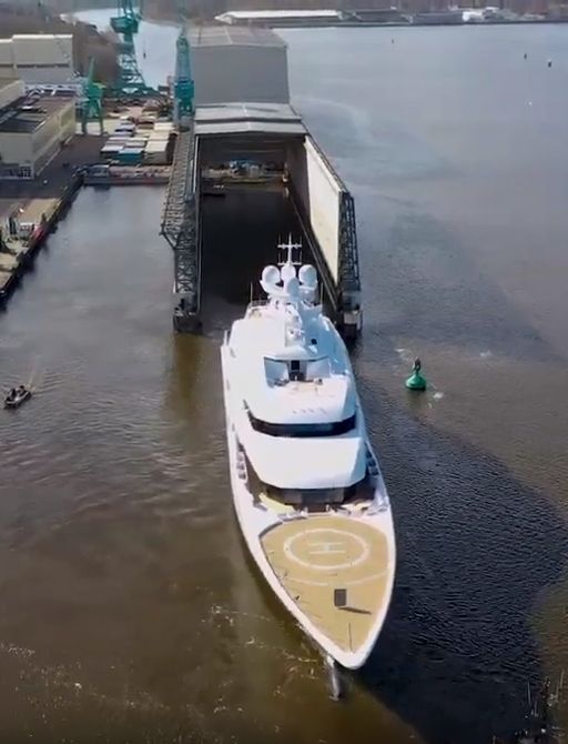 Superyacht MADSUMMER leaving Lurssen's facilities in Germany during her launch