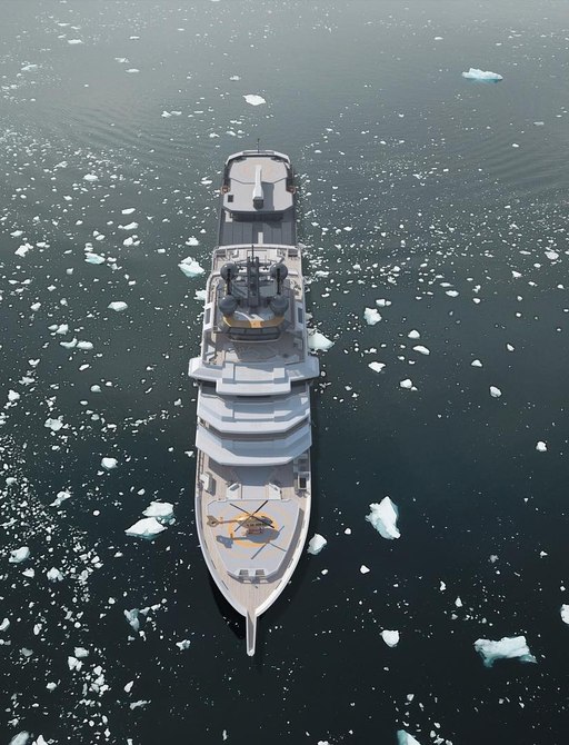 Aerial image rendering of luxury yacht REV in Arctic