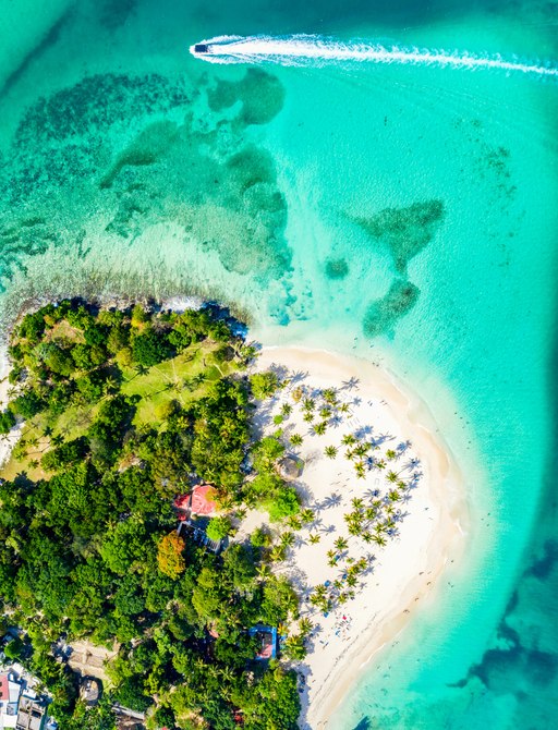 Aerial drone view of beautiful caribbean tropical island Cayo Levantado beach with palms and boat. Bacardi Island, Dominican Republic.