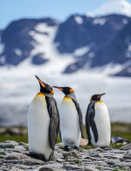 3 king penguins on shingle on South Georgia Island