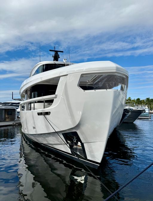 Motor yacht bow on display Fort Lauderdale International Boat Show