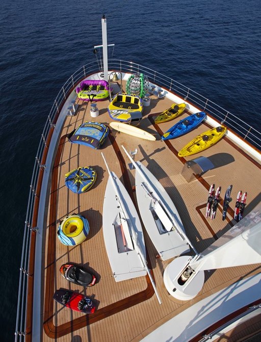 Impressive selection of water toys lined up on foredeck of motor yacht Sherakhan