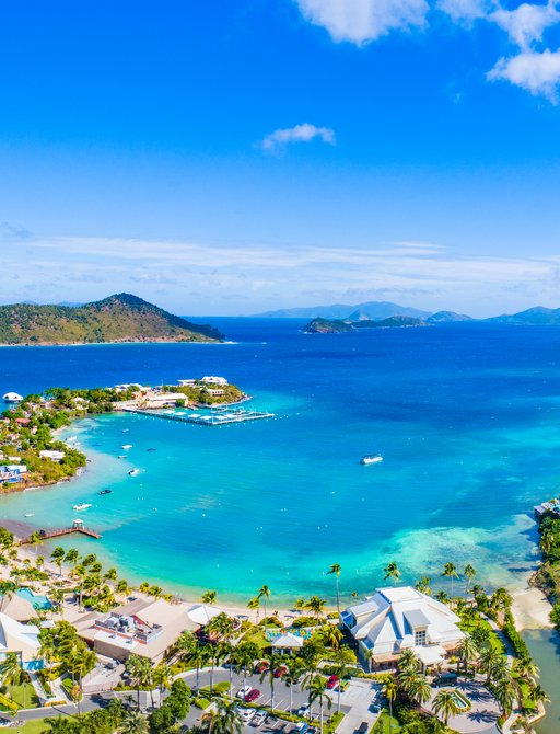 Elevated view looking down over coastline of US Virgin Islands