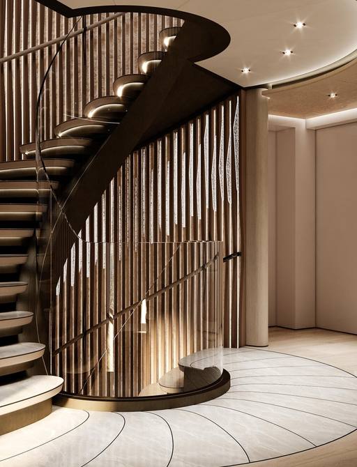 Superyacht charter O'CEANIS interior stairwell rendering