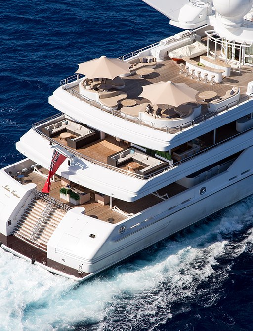 Overhead view of stern and vast deck areas on board luxury yacht ‘Indian Empress’ 